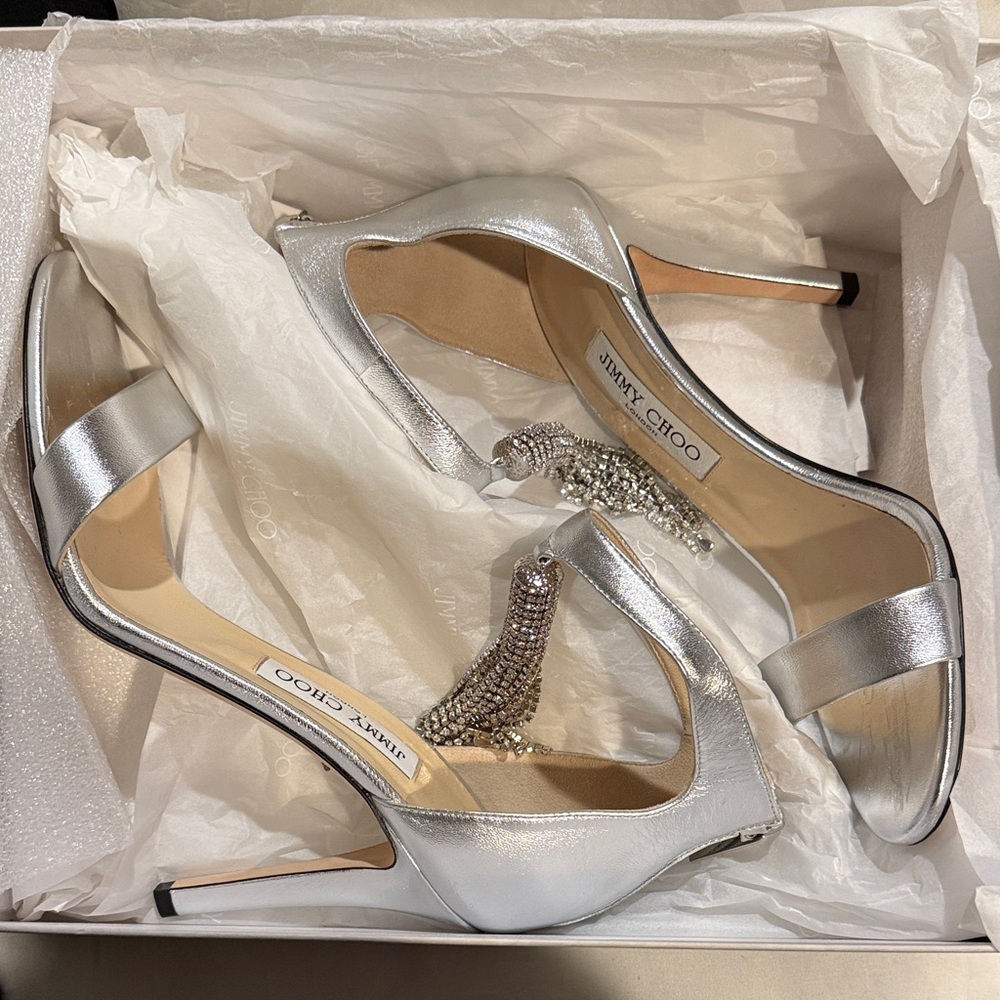 Jimmy Choo Silver Crystal-Embellished Open-Toe Stilettos